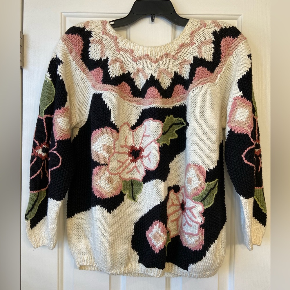 Vintage Jennifer Reed Hand Knitted Floral Oversize Sweater Sz Medium - Picture 2 of 12